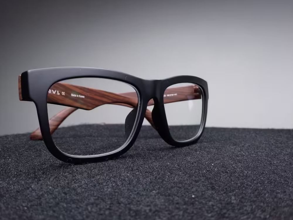 Black acetate eyeglasses with wooden temples